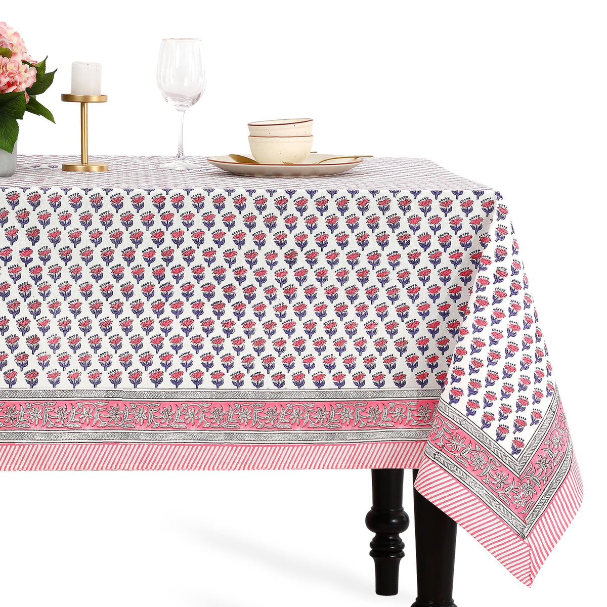 CPC Cotton Print Club tablecloth with pink sapphire florals for a elegant 60x60 square setting.