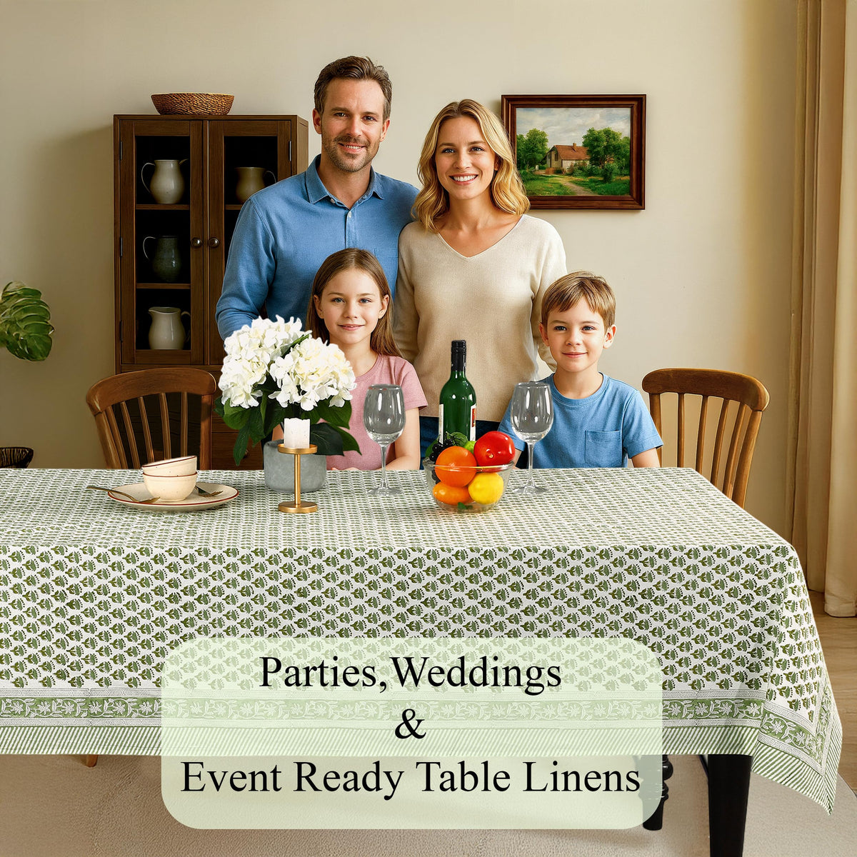 CPC Tablecloth setup for wedding or spring events with vibrant emerald hues.