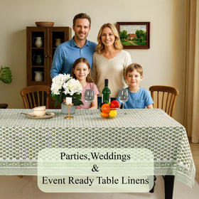 CPC Tablecloth setup for wedding or spring events with vibrant emerald hues.