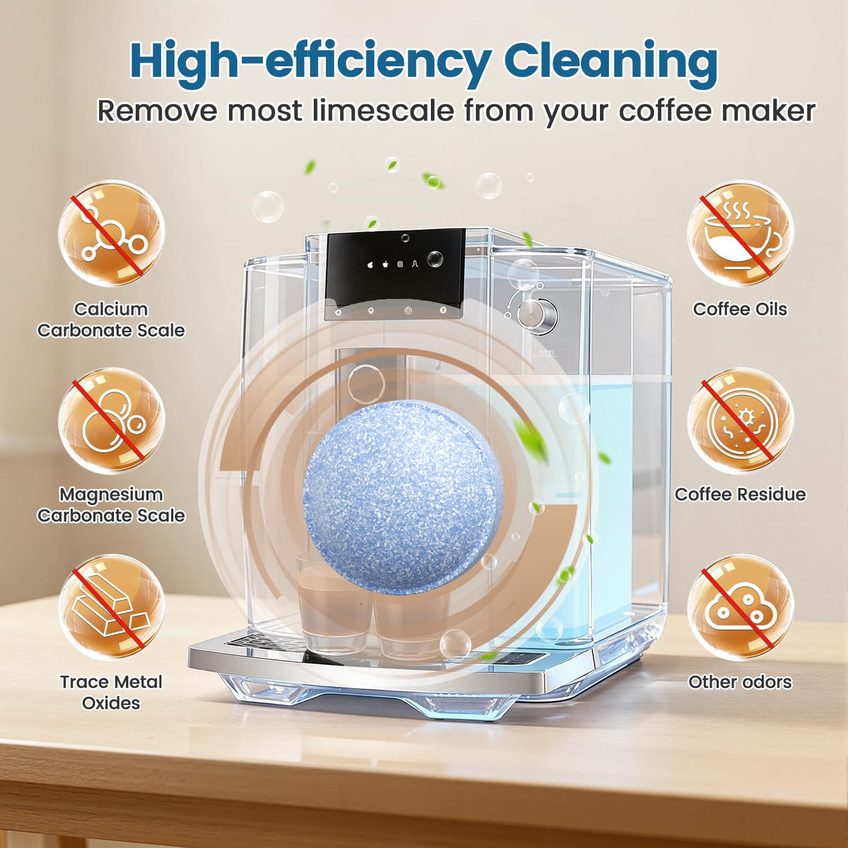 CPLIKE descaling tablet dissolving action shown for effective cleaning.