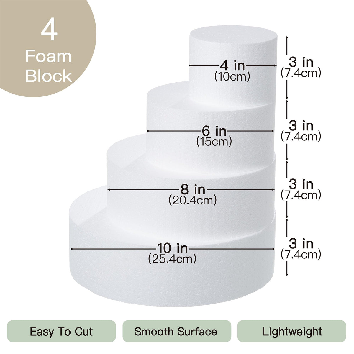 Crafare four-tier foam cake dummy, 10-inch height, creates bold centerpiece displays.