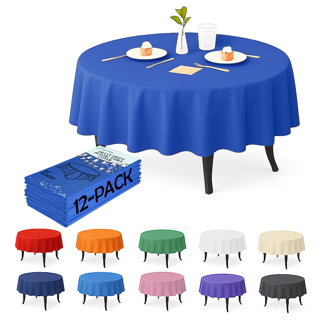Craft And Party royal blue 84-inch round tablecloth drapes neatly for buffets and dining setups.