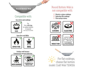 Round-bottom design on a gas stove provides even heating for fast tossing.
