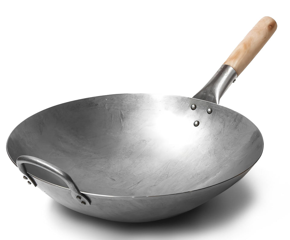 Craft Wok traditional hand-hammered 14-inch round-bottom wok with wooden handle for a secure grip.