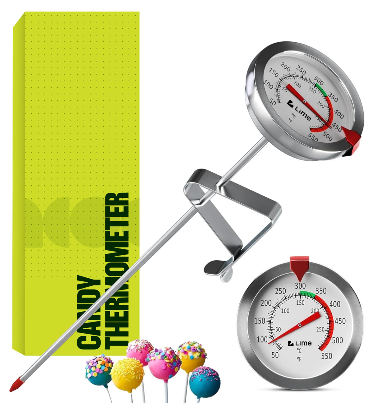 Craft911 candy thermometer with an 8-inch stainless steel probe for precise frying temperatures.