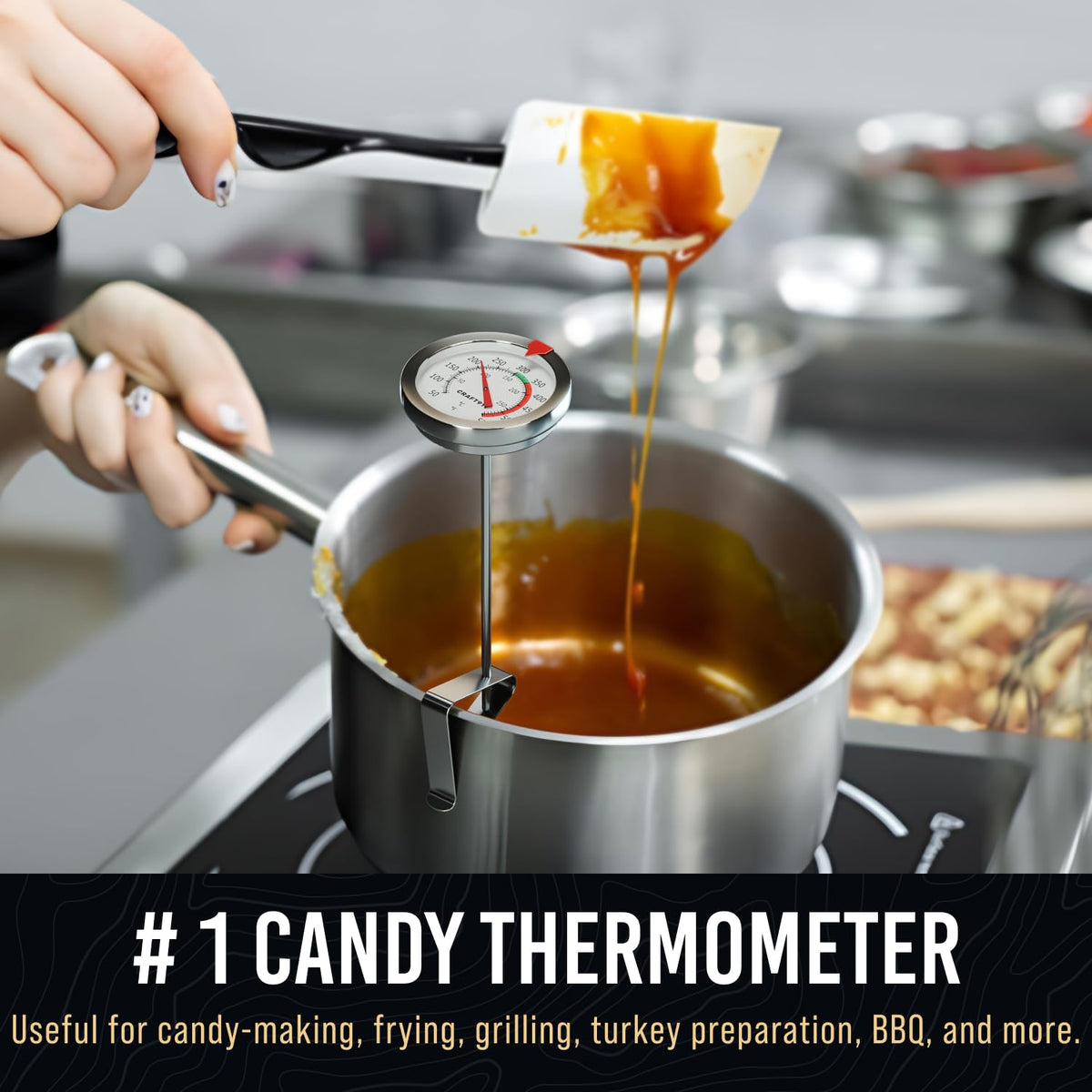 Craft911 candy thermometer clip attaches securely to pots for hands-free monitoring.