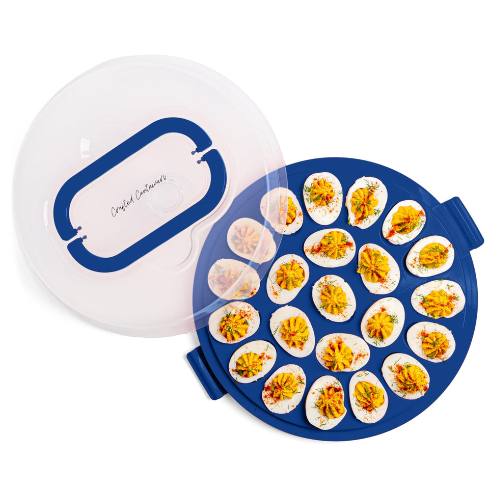Crafted Containers deviled egg carrier with lid and blue accents, 22-slot tray ready for transport.