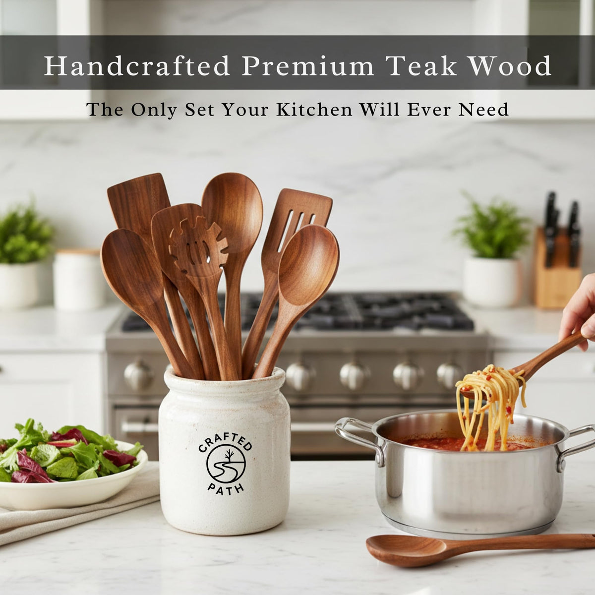Crafted Path teak frying spatula gliding over cookware