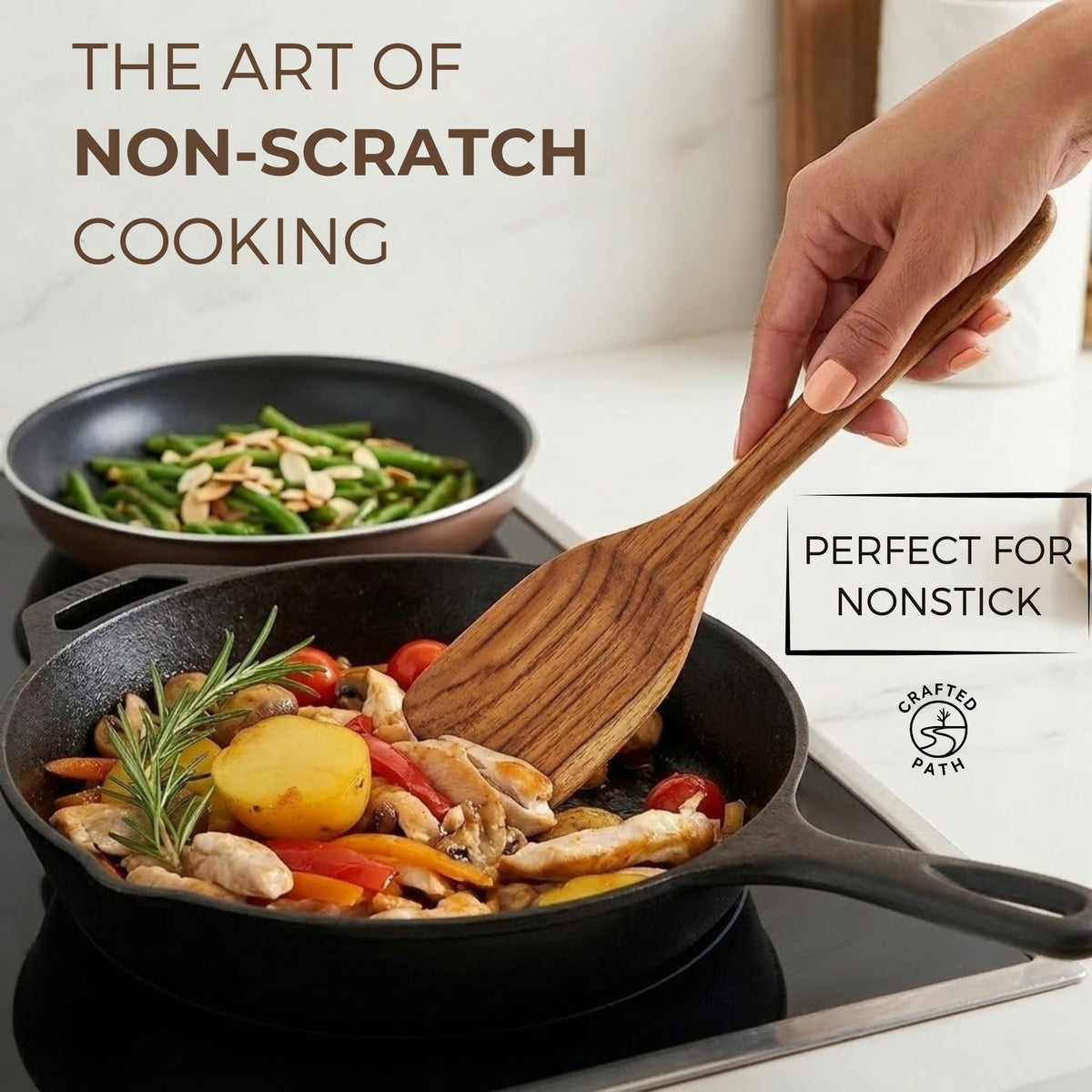 Crafted Path teak spaghetti spoon ready for stirring
