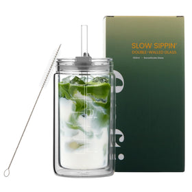 Crafti Slow Sippin glass tumbler front view demonstrates double-wall insulation for hot or cold drinks.