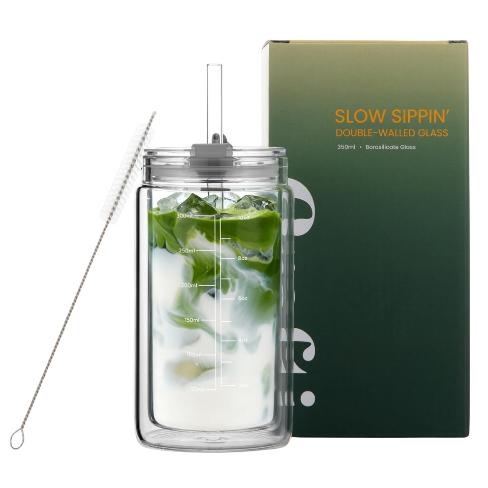 Crafti Slow Sippin glass tumbler front view demonstrates double-wall insulation for hot or cold drinks.