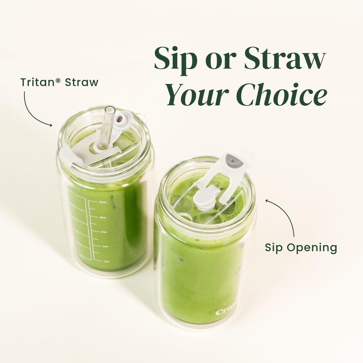Crafti Slow Sippin with volume markings helps precise portioning for tea, coffee, or smoothies.
