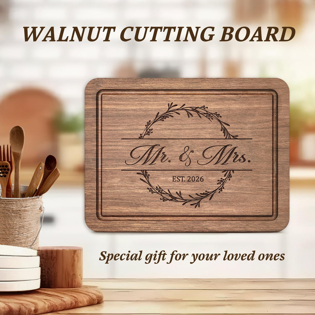 Craftique walnut cutting board bridal shower scene, practical and stylish kitchen accessory.