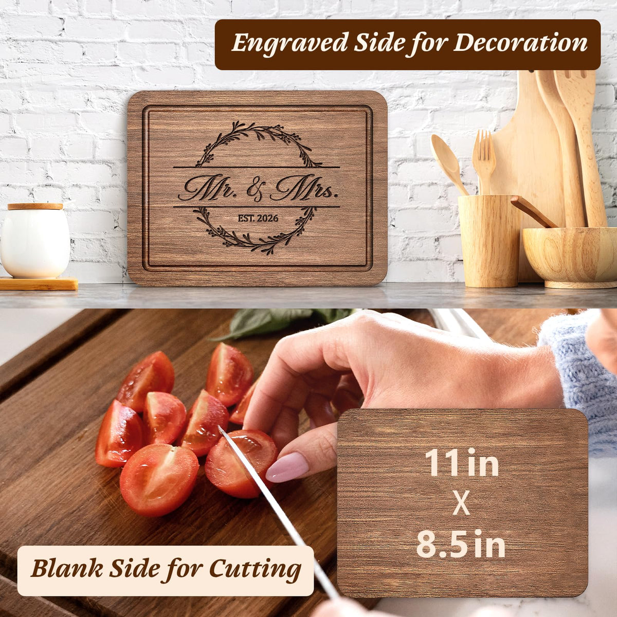 Craftique walnut cutting board as charcuterie and cheese board for entertaining.