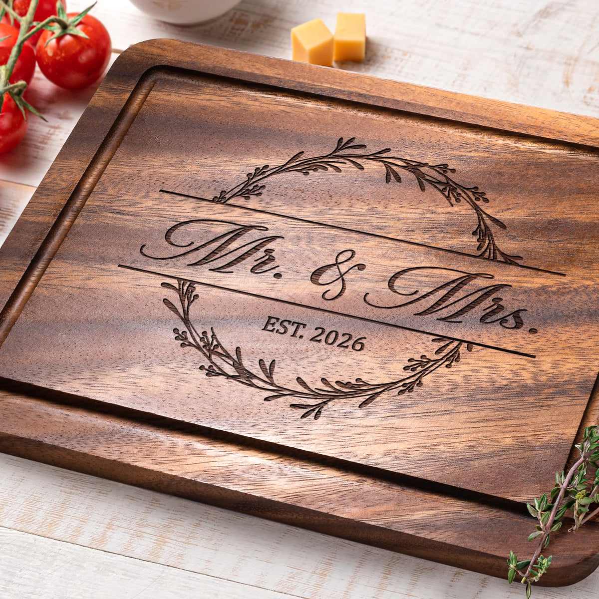 Craftique walnut cutting board natural wood grain, unique texture enhances home table setting.