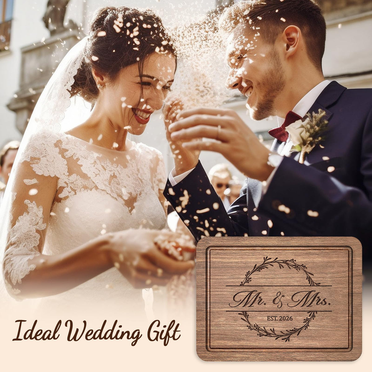 Craftique walnut cutting board EST. 2026 display, a memorable anniversary keepsake.