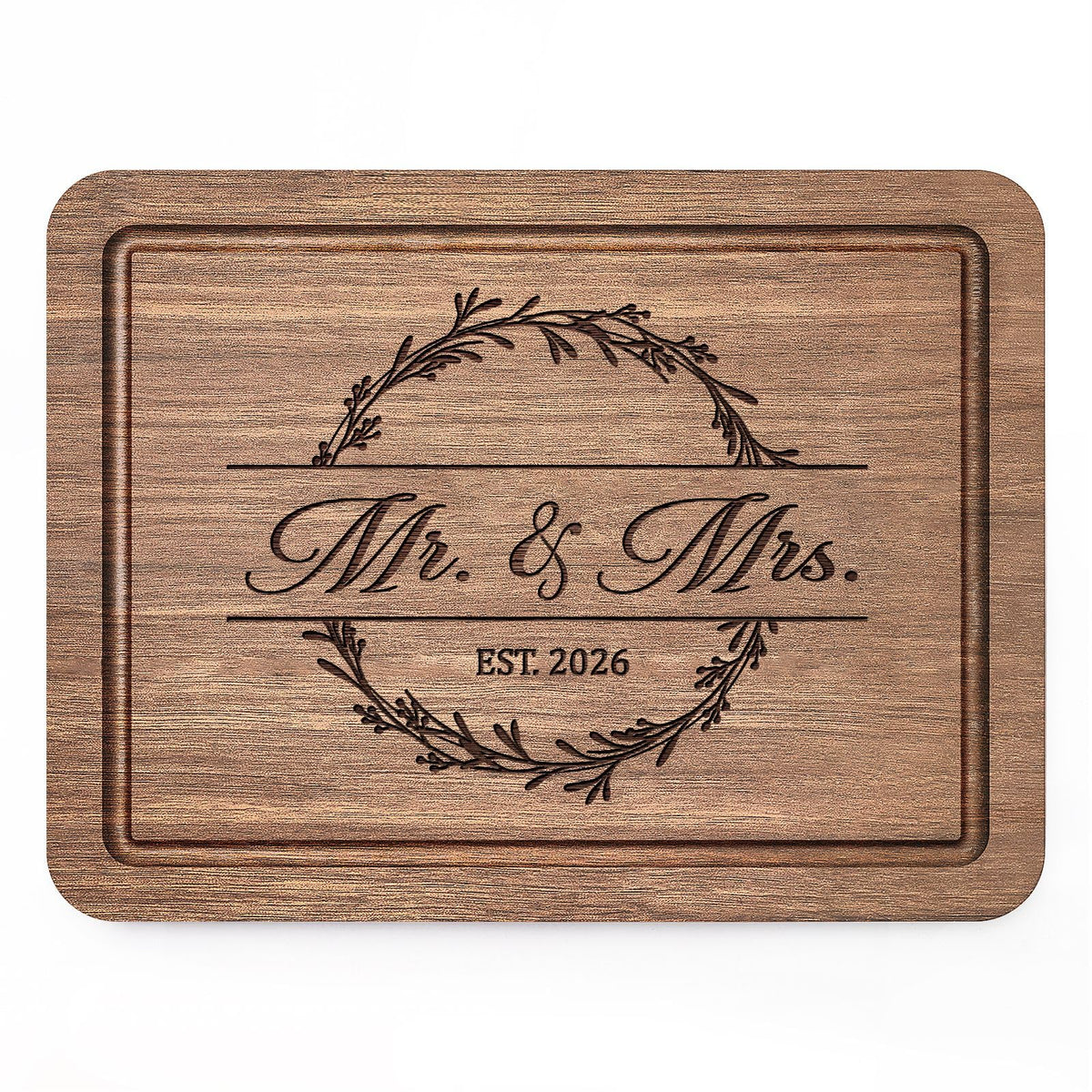 Craftique walnut cutting board with Mr. and Mrs engraving, a keepsake wedding gift.