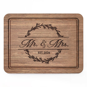 Craftique walnut cutting board with Mr. and Mrs engraving, a keepsake wedding gift.