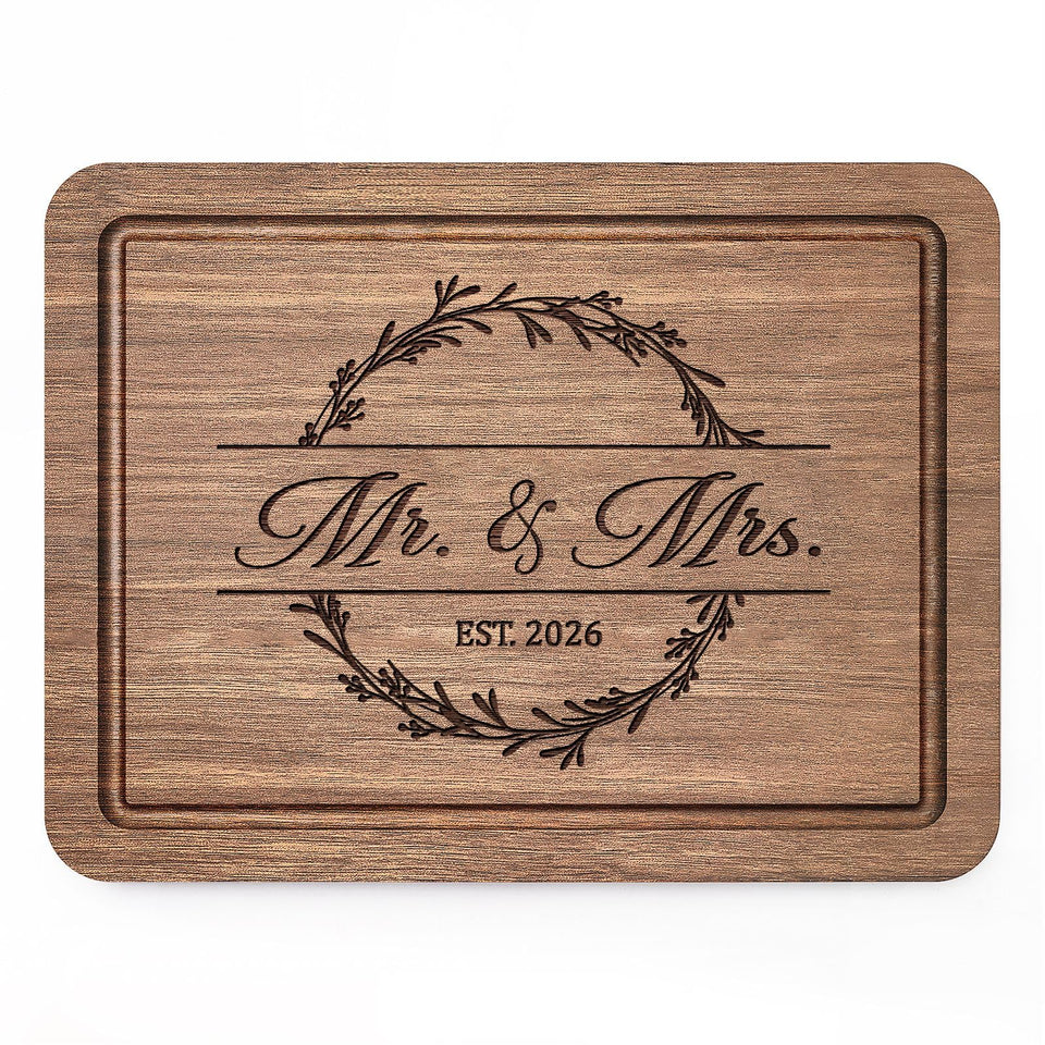 Craftique walnut cutting board with Mr. and Mrs engraving, a keepsake wedding gift.