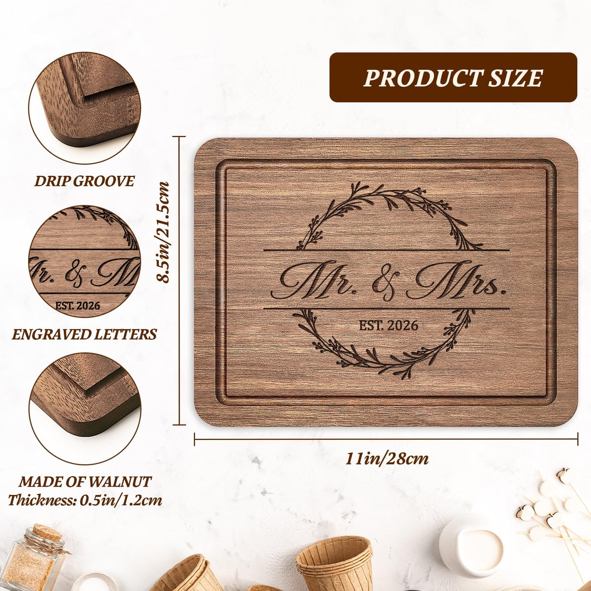 Craftique walnut cutting board wedding decor in home kitchen, adds romantic charm.