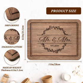 Craftique walnut cutting board wedding decor in home kitchen, adds romantic charm.