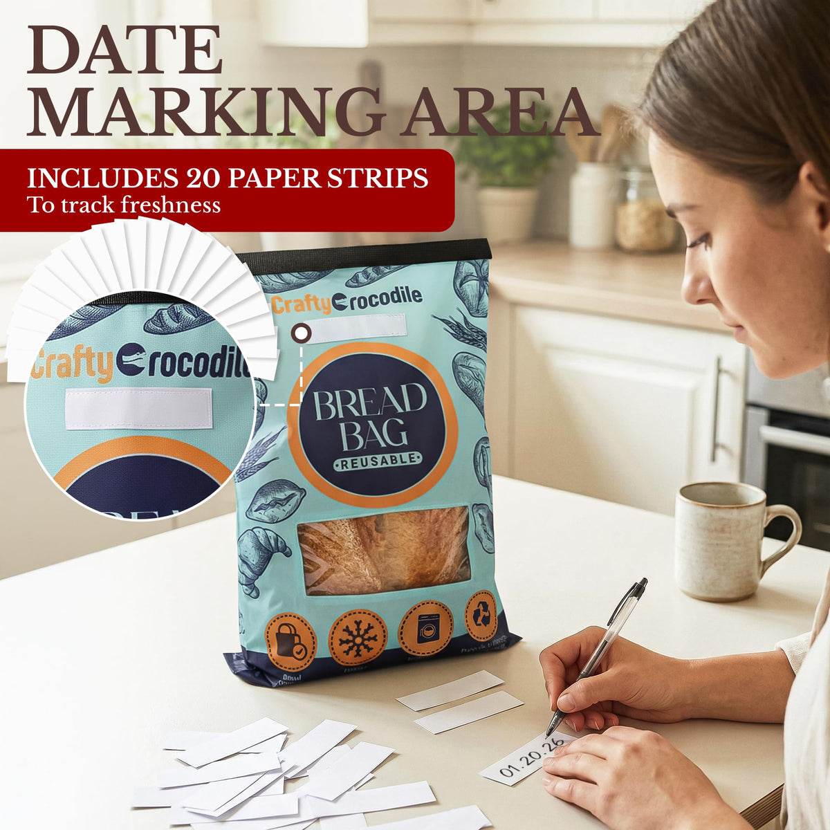 CraftyCrocodile bread bag 20 inserts for easy dating.