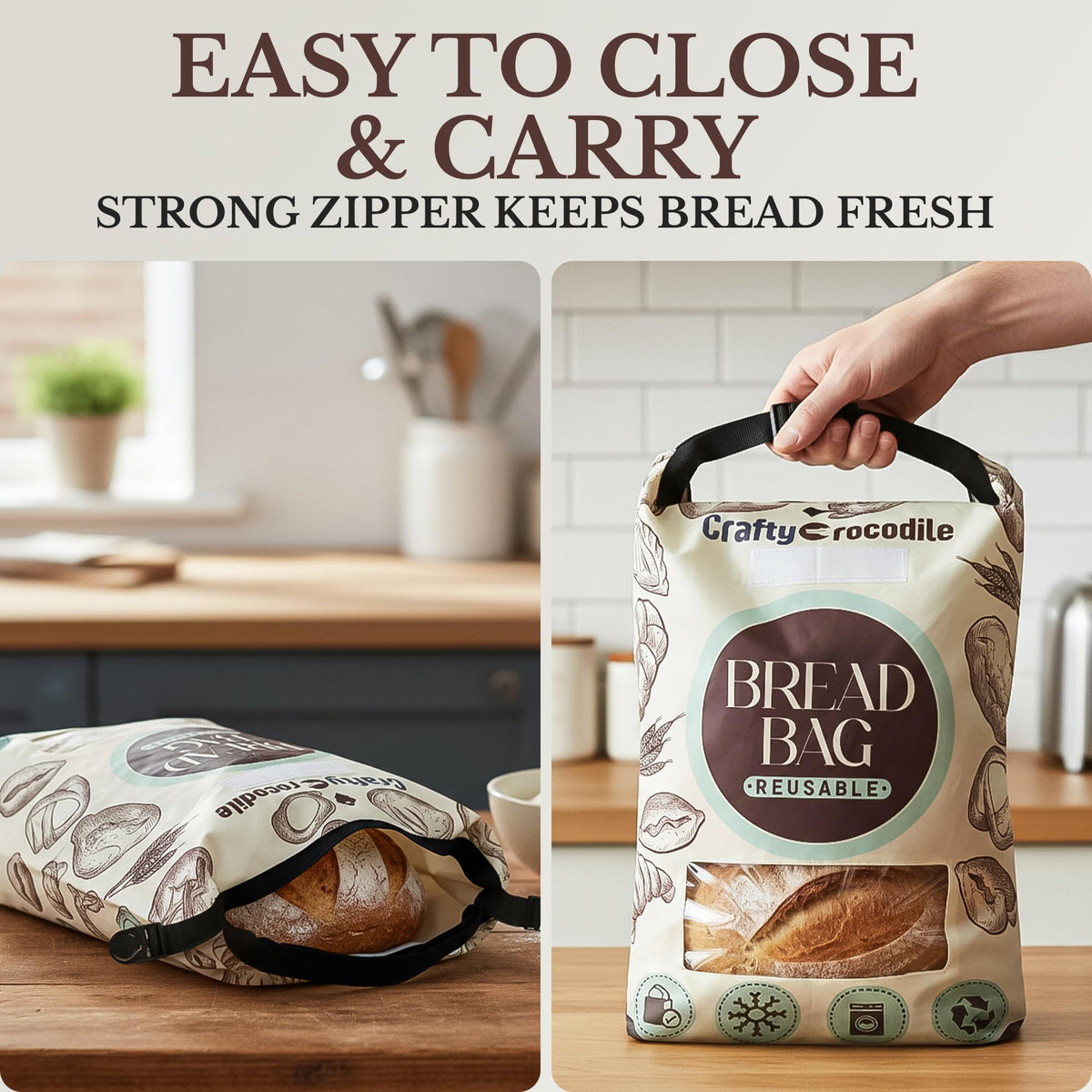CraftyCrocodile bread bag versatile storage on counters and fridges.