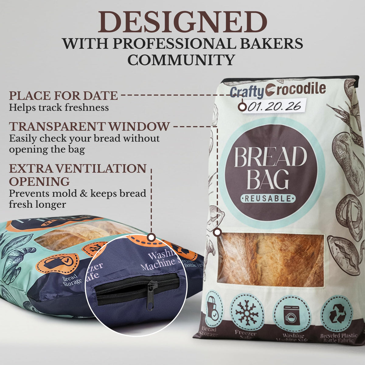 CraftyCrocodile bread bag vent hole promotes breathable counter storage.