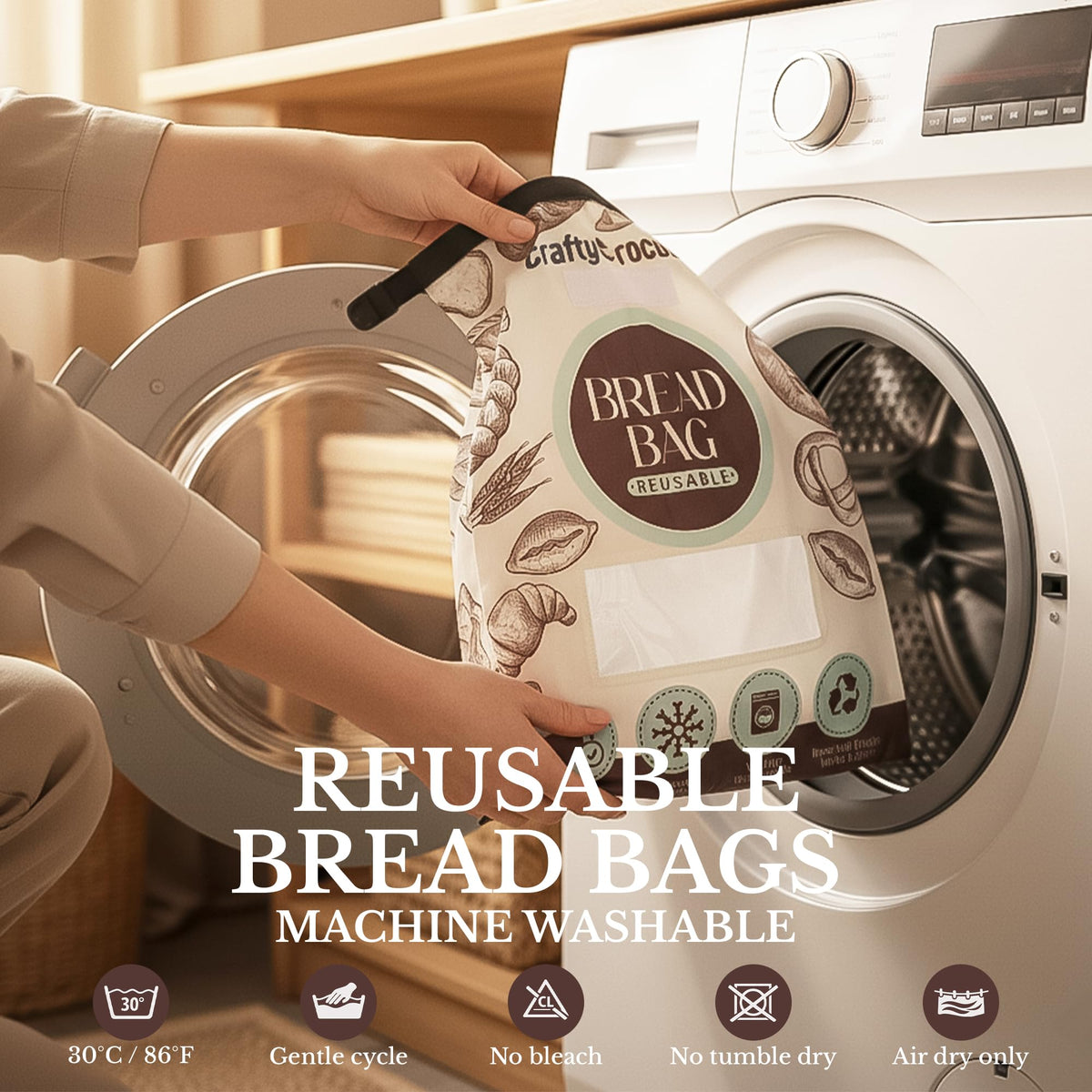 CraftyCrocodile bread bag with zip and clip for secure storage.