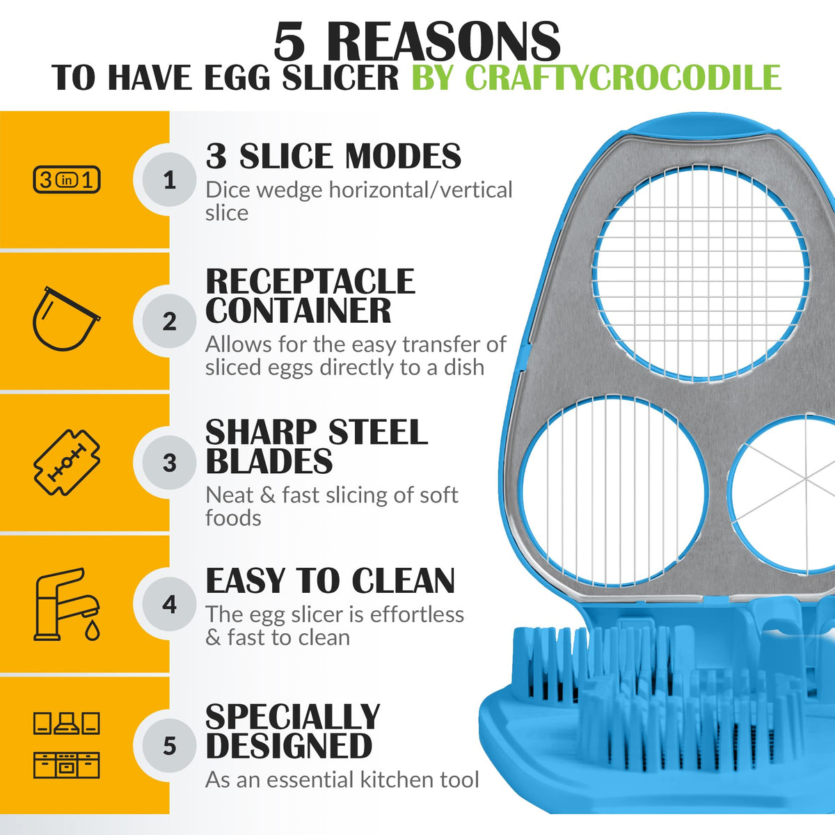 CraftyCrocodile egg dicer with stainless steel blades for precise slicing.