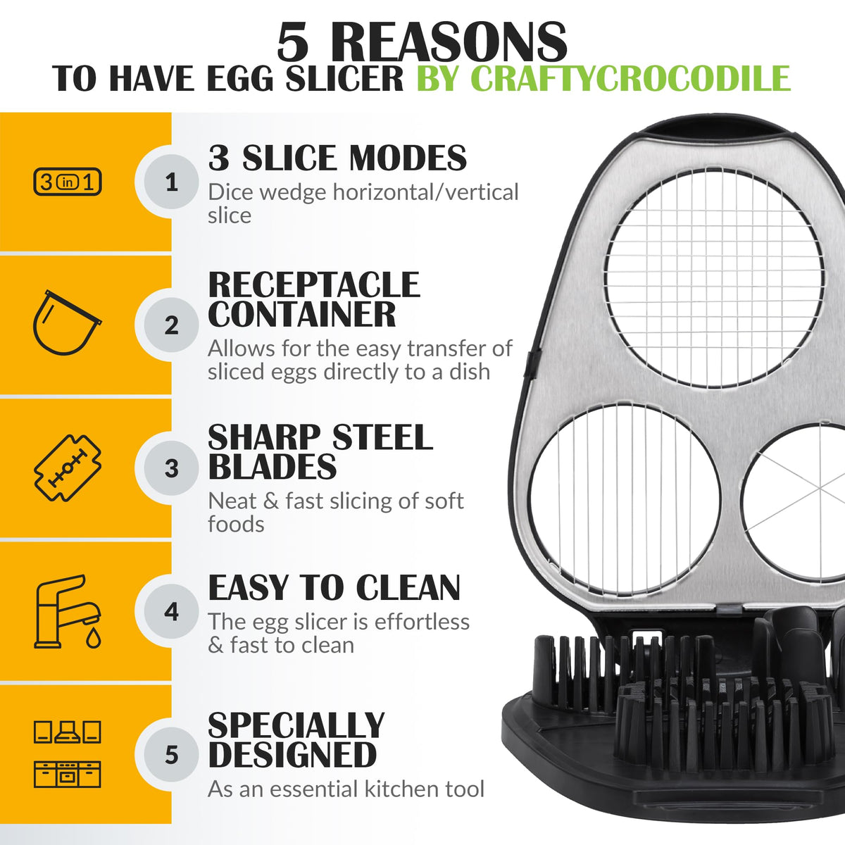 CraftyCrocodile heavy-duty egg slicer with stainless blades for durable cuts.