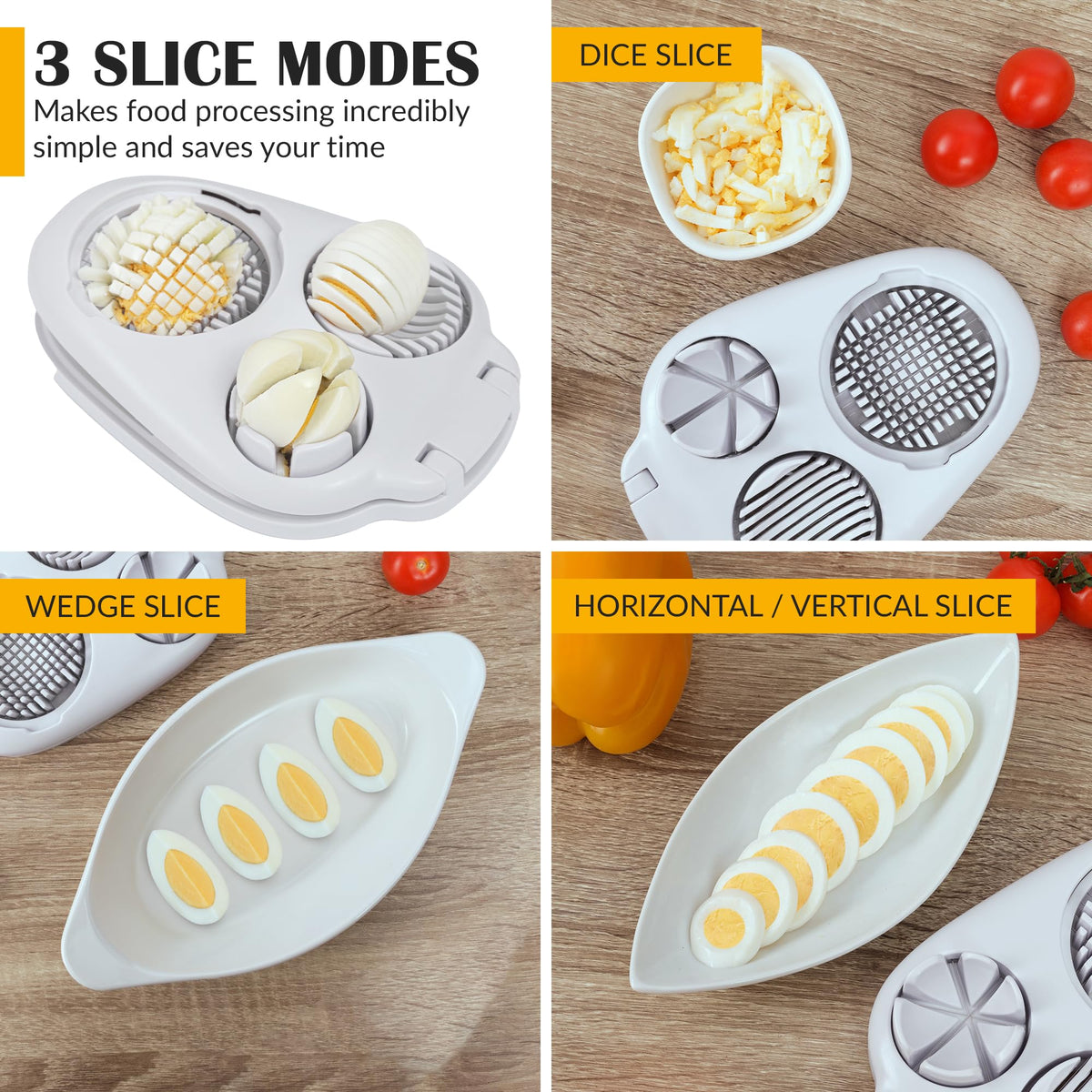 CraftyCrocodile egg slicer in wedge mode yields uniform egg halves.