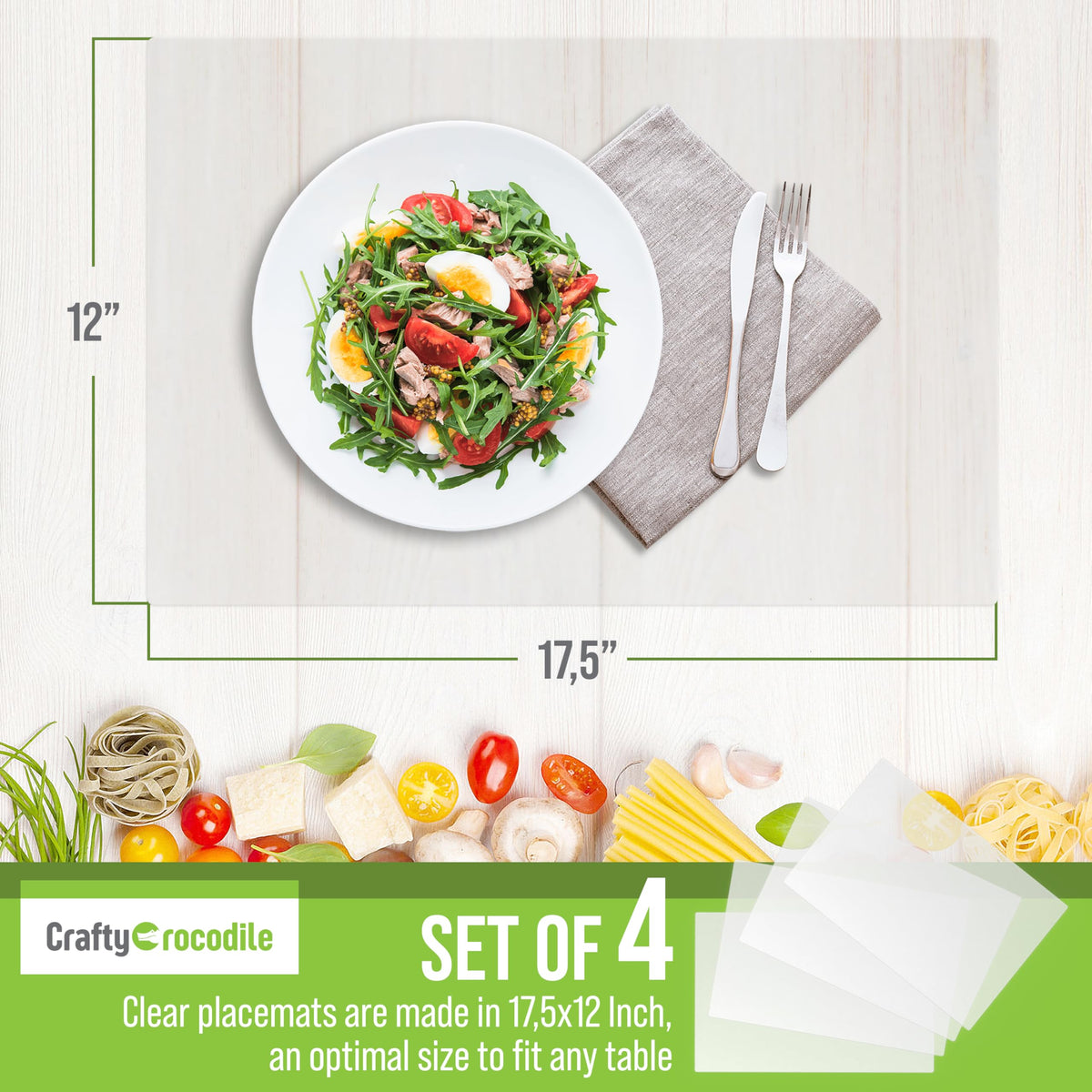 CraftyCrocodile clear placemats for dining and kitchen use, indoors or outdoors.