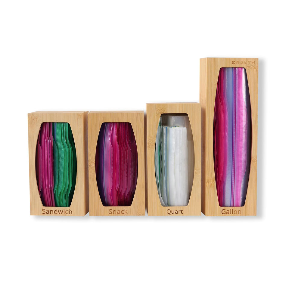 CRAKTH bamboo bag organizer with gallon slots for neat kitchen storage.