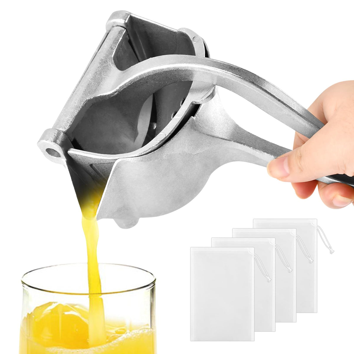 Cramelith citrus press with V-spout guides juice into glass with minimal drips.