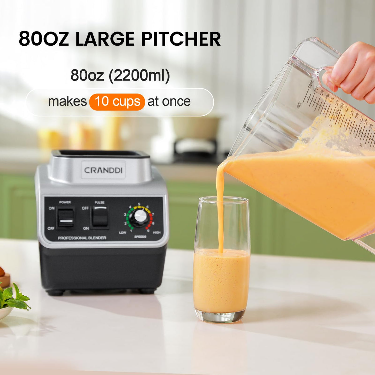 CRANDDI K96 blender 80oz pitcher ready for batch blending of family-sized smoothies.