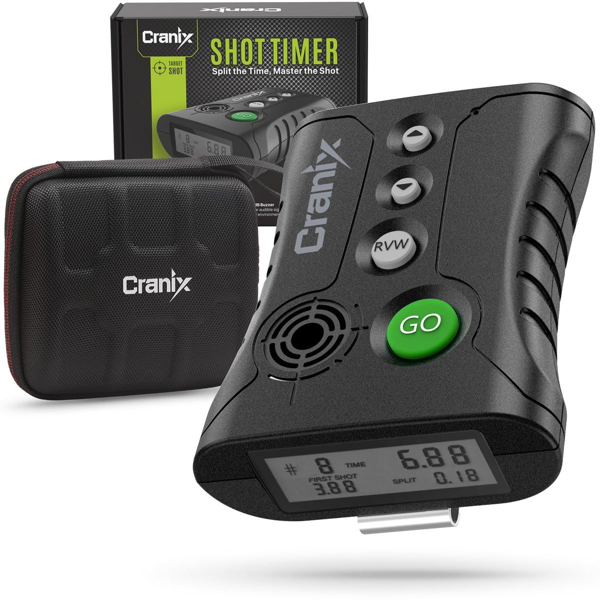Cranix professional shot timer front view with accessible controls for quick on-stage use