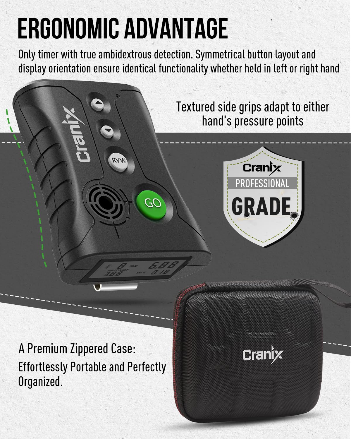 Cranix shot timer side view highlights microphone and shot-detection features for precision timing