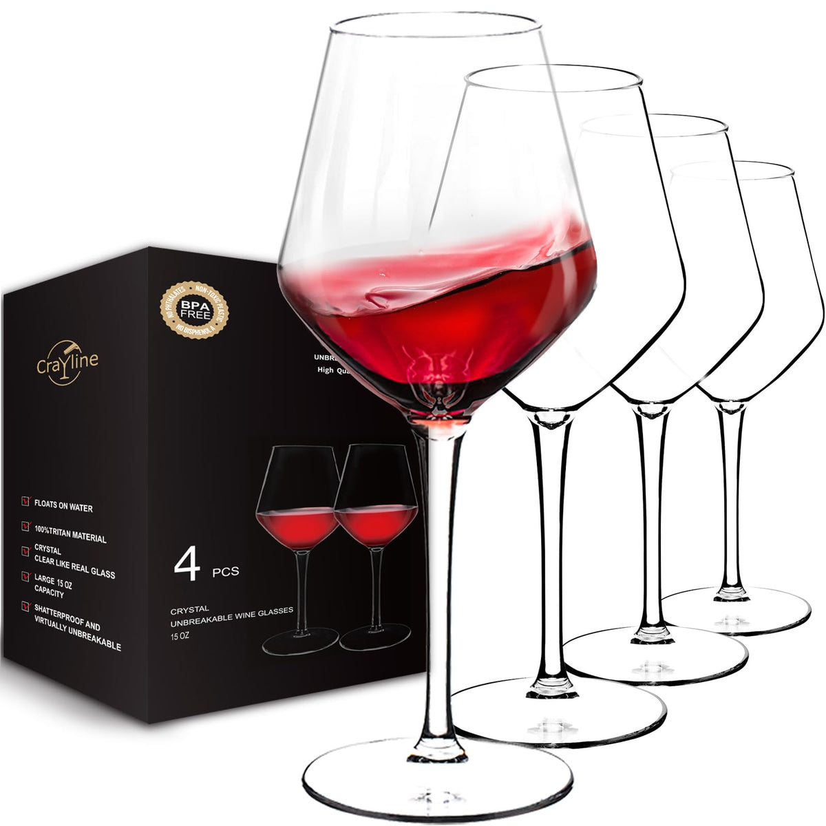 Crayline unbreakable 4-pack wine glasses with 15oz capacity, ideal for outdoor use