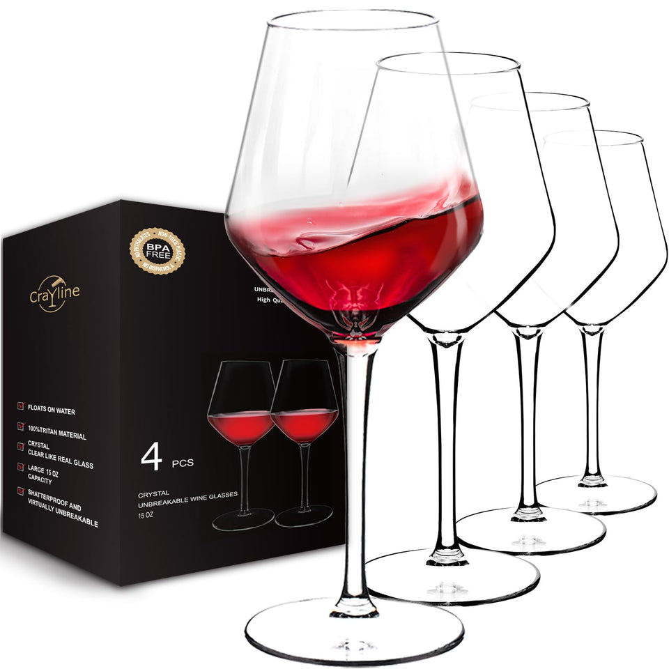 Crayline unbreakable 4-pack wine glasses with 15oz capacity, ideal for outdoor use