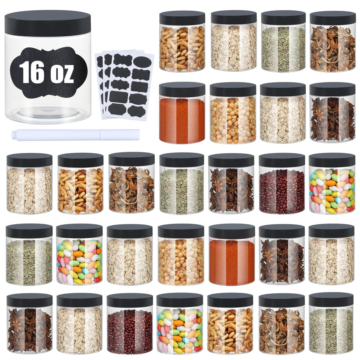 Crazystorey 16oz clear plastic jar with lid, ideal for organized pantry storage.