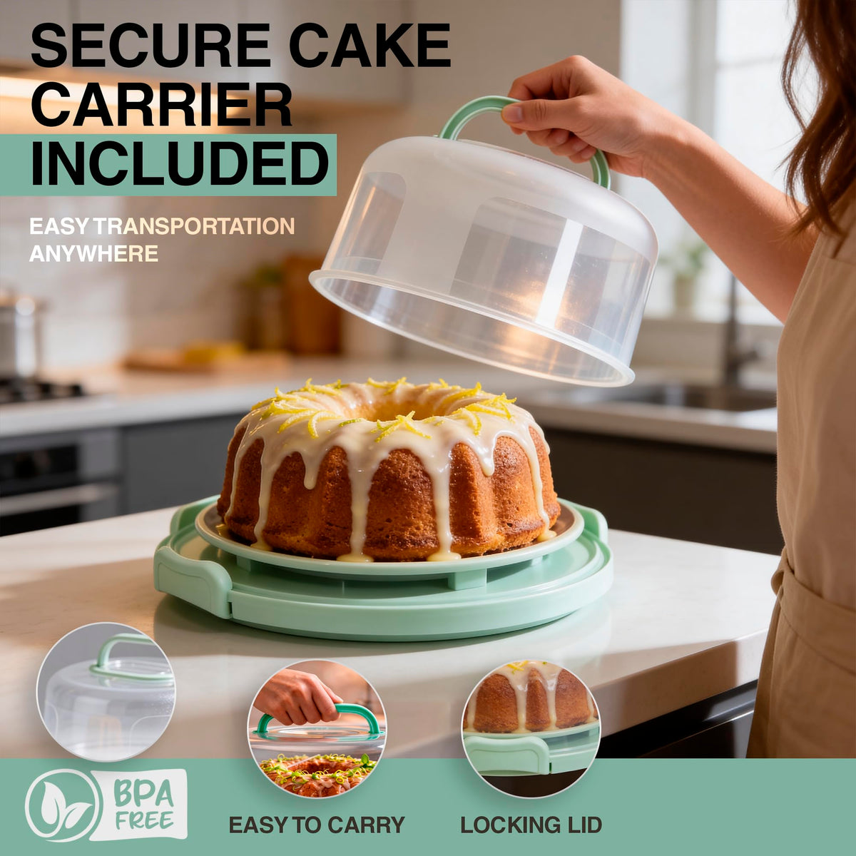 CREACAKE Storage fits 10-inch cakes and cupcakes securely.