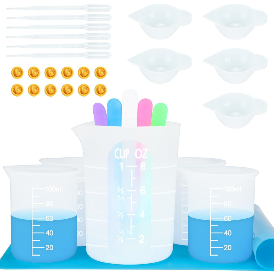 Creahaus resin kit with silicone measuring cups set ready for precise epoxy mixing