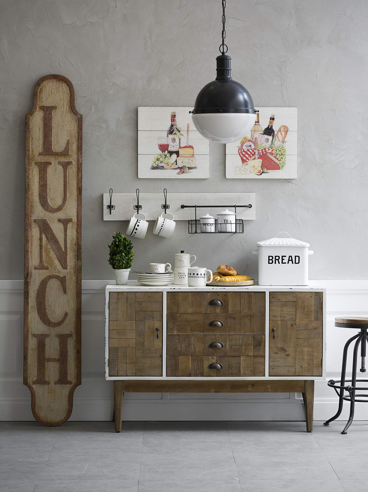 Creative Co-Op antique reproduction bread box enhances farmhouse charm.