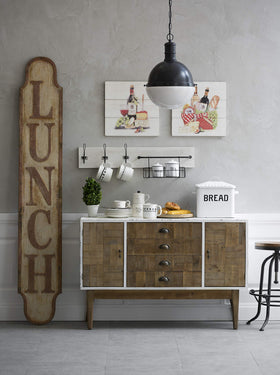 Creative Co-Op antique reproduction bread box enhances farmhouse charm.
