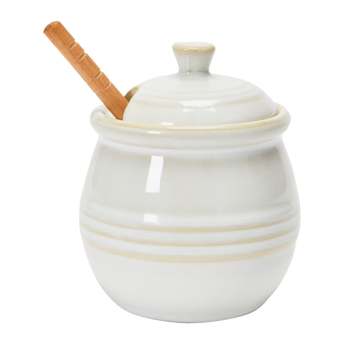 Creative Co-Op bamboo dipper pairs with stoneware honey pot for tea time rituals.
