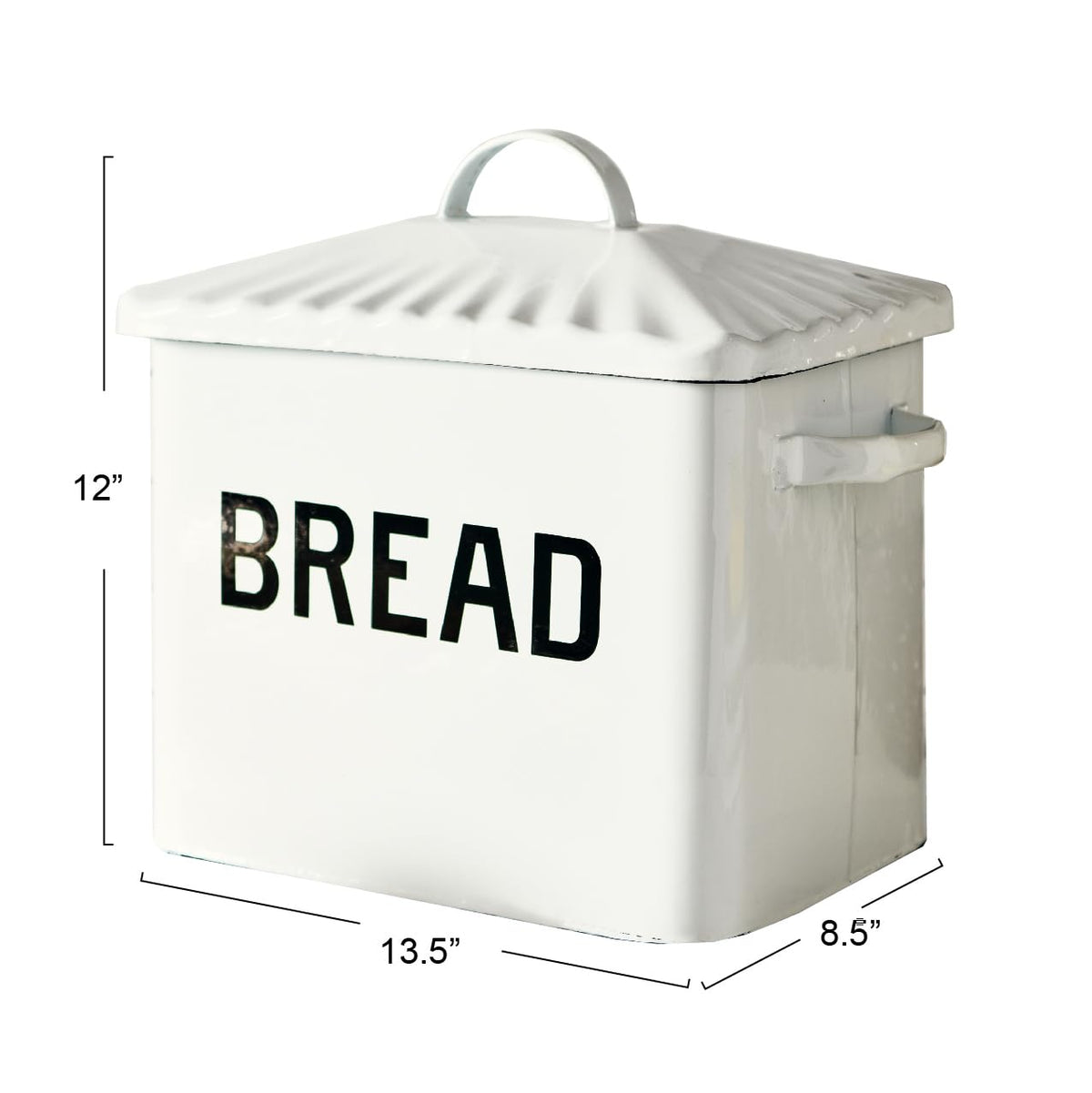 Creative Co-Op Bread box measures 13.5 by 8.5 by 12 inches.
