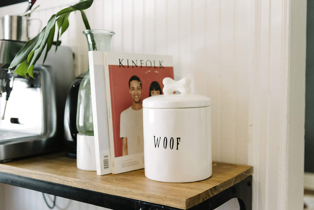 Creative Co-Op ceramic treat jar on kitchen counter adds country charm.