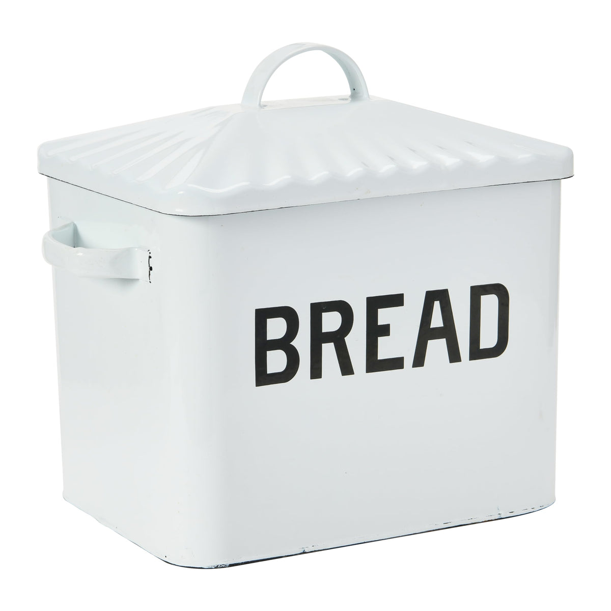 Creative Co-Op distressed white bread box with lid on counter.