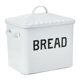 Creative Co-Op distressed white bread box with lid on counter.